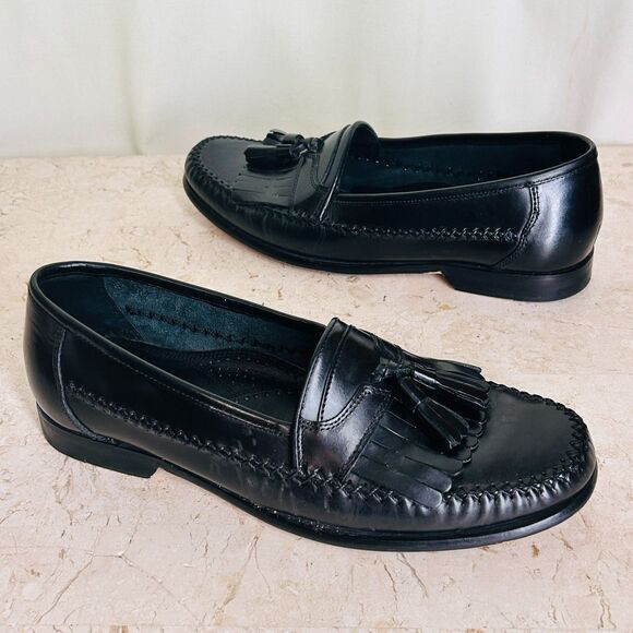 Bass Lowell Shoes Mens 10.5 Black Leather Loafers Kiltie Tassel Hand Stitched - Picture 4 of 10